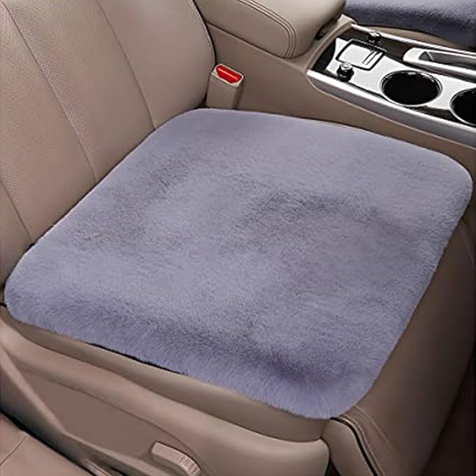 Plush Car Seat Cushion, Soft Warm Fuzzy Faux Rabbit Fur Fluffy Plush Auto Seat Cover Vehicle Car Front and Back Seat Protector Pad with Non-Slip Backing Cushion Interior Universal Fit (Grey,Front*1)