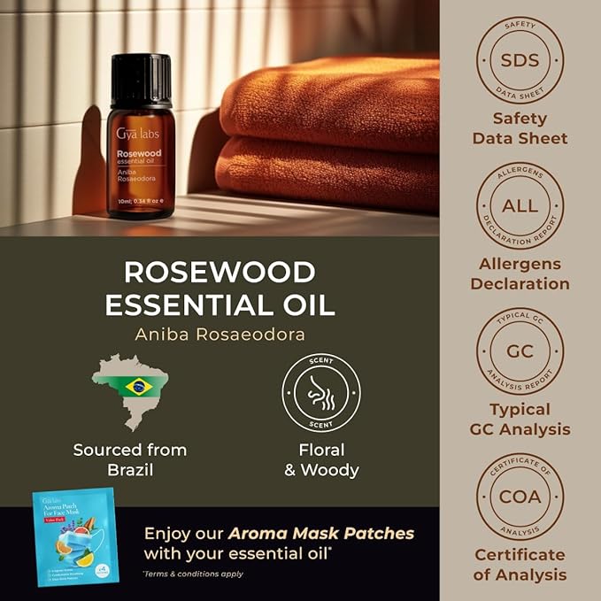 100% Pure Rosewood Essential Oil - 0.34 Fl Oz - Rosewood Oil for Hair, Skin, Diffuser, Aromatherapy & DIY Candle Making Scent