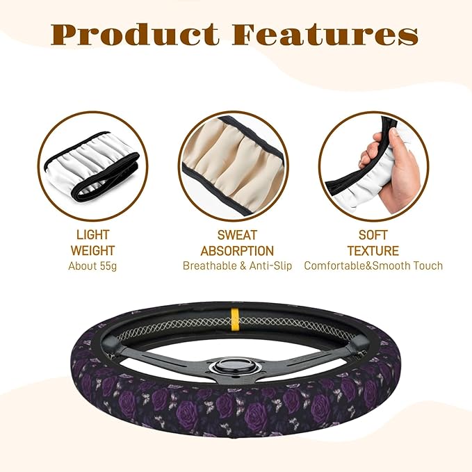Steering Wheel Cover Accessories Neoprene Cover, Breathable Non-Slip Easy to Install Suitable for Women Men, 14.5-15.5 Inch for Car SUV Van Truck Universal - Purple Rose
