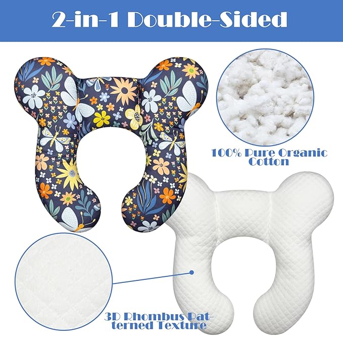 Baby Head Support Pillow for Newborn Toddler, Baby Neck Pillow Upgraded Comfortable Sleep Cushion for Car Plane Stroller Pushchair - Flower B