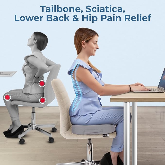 5 STARS UNITED Seat Cushion - Memory Foam Chair Cushion for Tailbone Pain Relief - Ergonomic Support for Coccyx, Sciatica & Butt - Office, Desk & Gaming Chair, Car Seat, Wheelchair, Light Gray