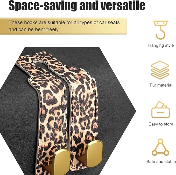 2 PCS Car Seat Back Storage Headrest Hooks, Multi-function Backseat Hanging Organizer for Bag & Phone, Leopard Print Suede Leather Hook, Hidden Storage Accessory for Cars (Brown)