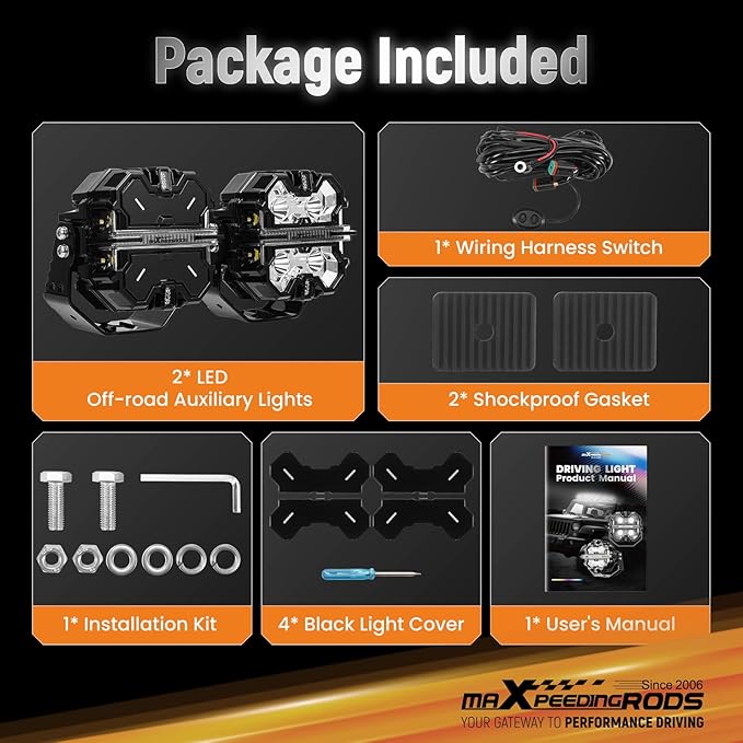maXpeedingrods 5" 178W LED Off Road Lights, 21360LM Bright Pod Lights with Amber/White DRL 3 Modes, 270°Side Shooter for Wrangler Trucks Jeep Pickup ATV Motorcycles,Cube Ditch Light with Black Covers