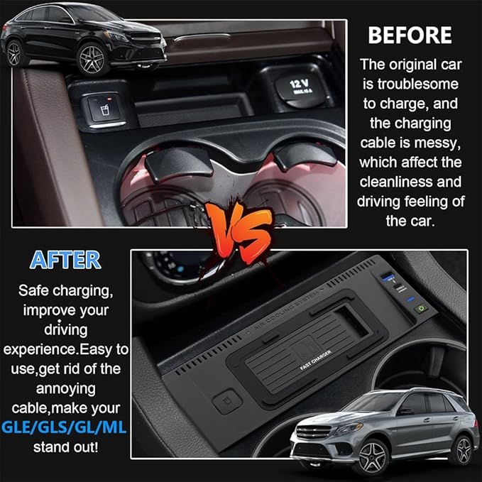 Wireless Car Charger for Mercedes-Benz GLE/GLS/GL/ML 2012-2019, OEM Custom Fit with 27W USB-A & Type-C Wireless Fast Phone Charging Pad for Mercedes-Benz W166 X166 C292 Interior Accessories