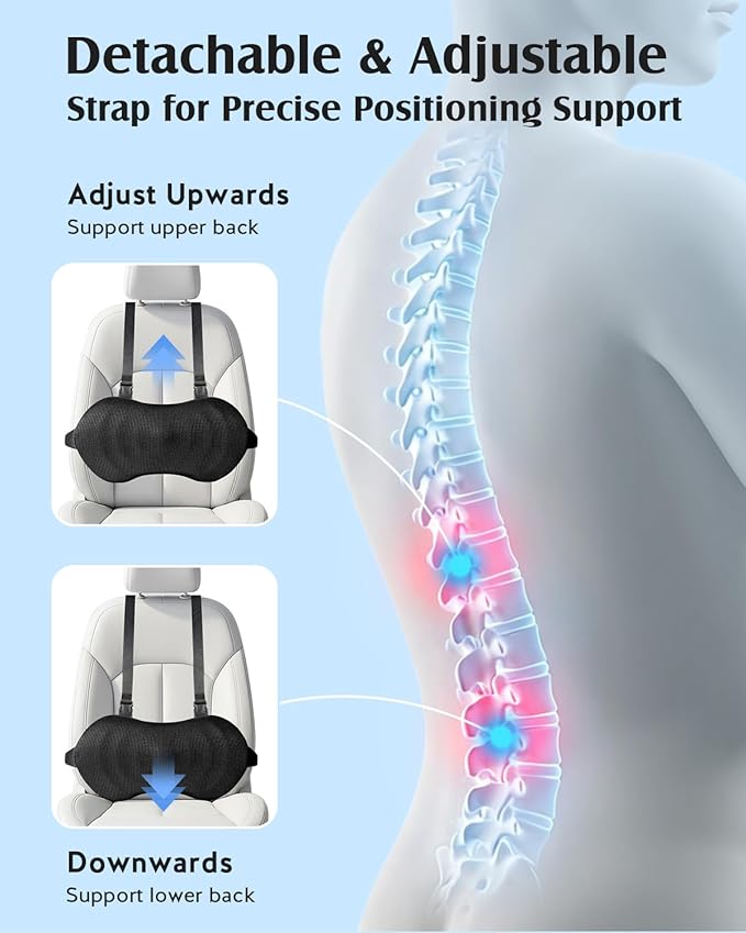 YFONG Lumbar Support Pillow for Car & Office Chair, Memory Foam Back Cushion with Adjustable Straps Non-Slip, Firm Support for Lower Back Pain Relief, Black