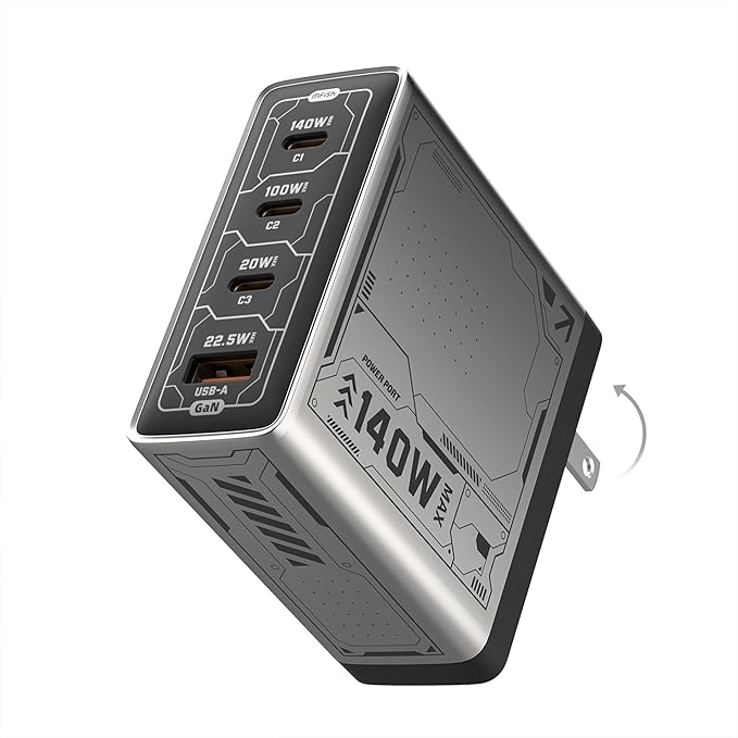 Mfish E-Rhino 140W USB-C Charger, True PD 3.1 GaN Fast Charger, 4-Port (3 USB-C + 1 USB-A) Foldable Plug Power Adapter for MacBook Pro 16”, iPhone 17/16, iPad, Galaxy, Tablet, Laptop, Grey