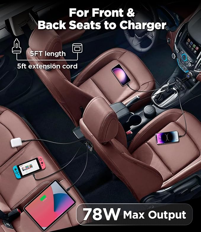 kapebow 78W Fast Charging USB C Car Charger, 5 Port Car Phone Charger with Voltage Display, 5FT Extention PD&QC 3.0 Type C Car Charger for Back Seat for iPhone iPad Samsung Pixel Phones