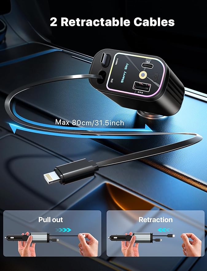 Starlight Retractable Car Charger with Retractable Cables, Starlight in Car Roof 4 in 1 Super Fast USB C Car Phone Charger, 2 USB Ports Starry Sky Adapter, Compatible with iPhone 17 16 15 14