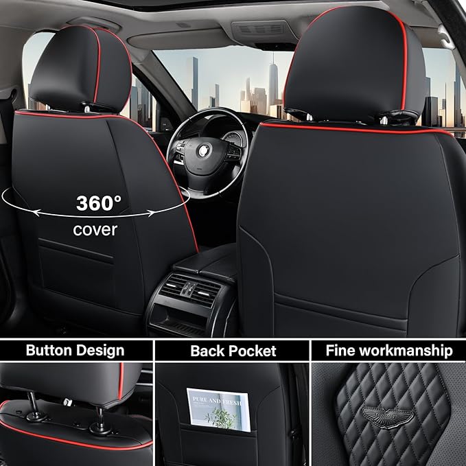 Coverado Car Seat Covers Full Set, Black Seat Covers, Waterproof Car Seat Cover, Car Seat Cushion, Car Seat Covers Front Seats Back Seat Covers, Car Seat Protector Universal Fit Most Cars Red Line