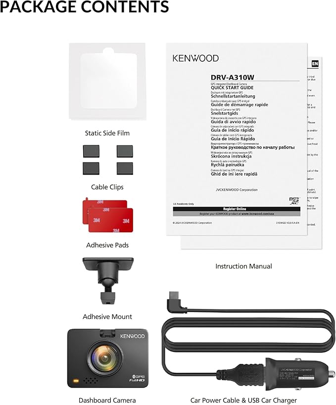 KENWOOD DRV-A310W GPS Dash Cam, Full HD Dashboard Camera, WDR/HDR Car Camera with Bluetooth & Wi-Fi Connectivity, G-Sensor, Collision Detection, Optional Rear Camera Support