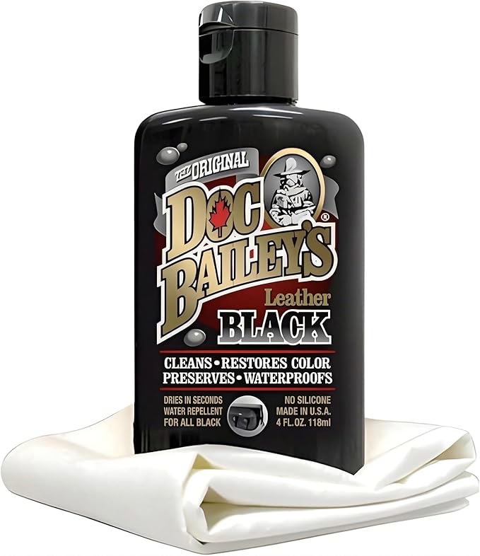 Doc Baileys Black Leather Detail Kit - All-in-One Leather Cleaner, Conditioner, Dye & Waterproofer - Restores Faded Black Leather, Vinyl & Rubber for Motorcycle Seats, Jackets, Boots & Cars 4oz
