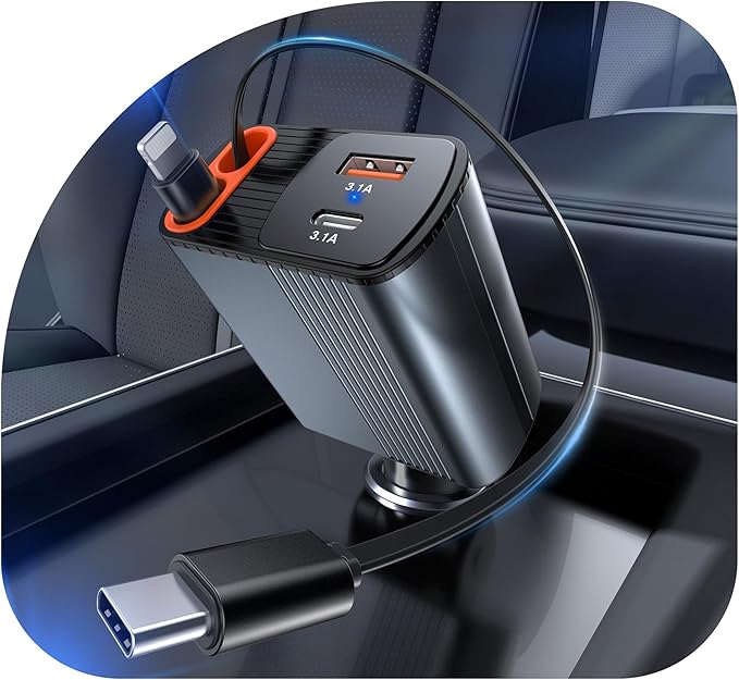 2026 Updated 78W Retractable Car Charger,4-in-1 Car Charger with 2.6ft Dual USB-C & Lightning Cables,2 Ports Car Accessories Fast Charging,180° Rotation Car Charger for iPhone, Samsung,Galaxy, Pixel