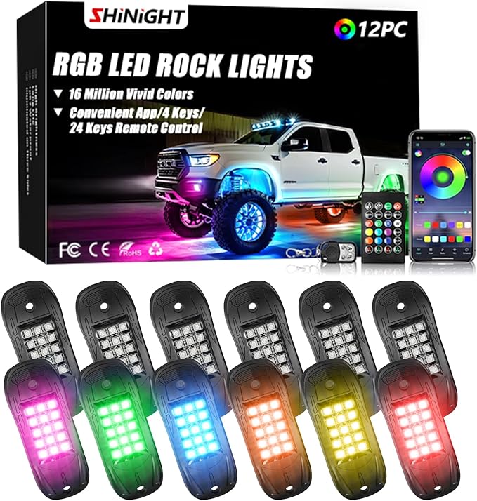 SHINIGHT Led Rock Lights for Trucks,12 Pods Lights for Jeep Brightness Truck underglow kit Exterior with App Control Flashing Music Mode RGB Lighting for UTV SUV ATV RZR Truck Accessories