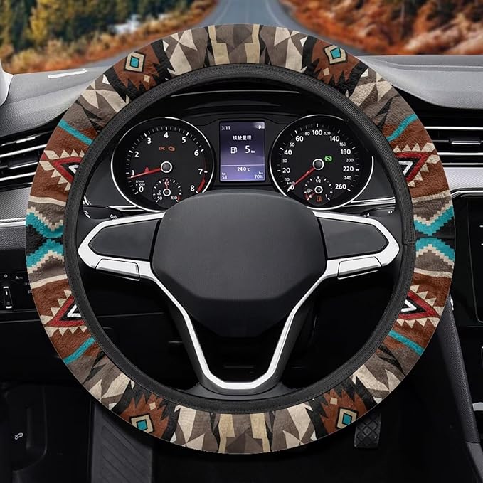 SEANATIVE Brown Aztec Car Steering Wheel Cover, Anti-Slip, Safety, Soft, Breathable, Universal Car Steering Wheel Dust Cover, Easy to Disassemble