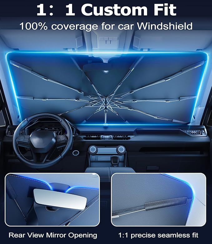 DMJN Umbrella Windshield Sun Shade for Ford F150 F250 F350 F450, Car Sunshade for Front Windshield [Nano Ice-Crystal Coatings] UPF50+ Heat & UV Block, Protect Interior & Keep Cooler