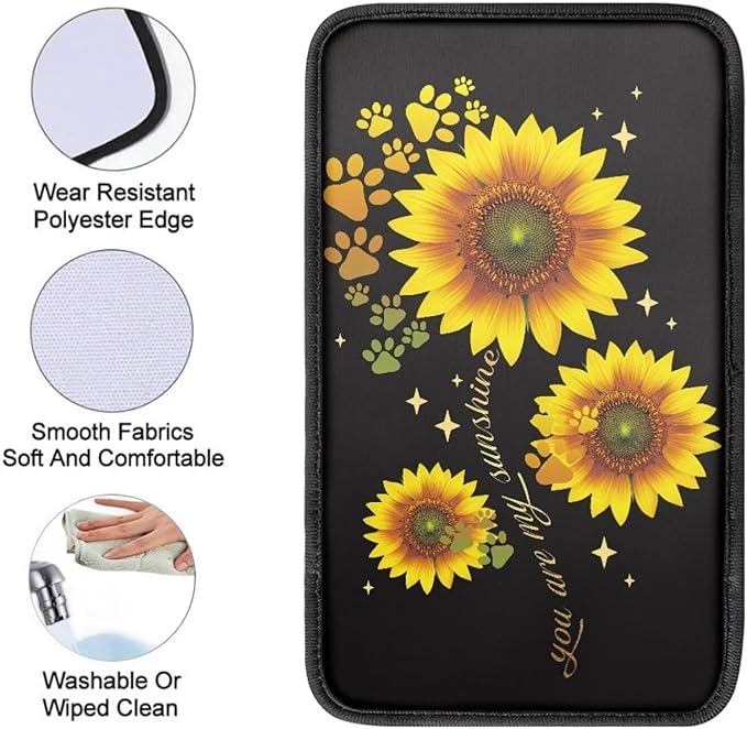 UNICEU Yellow Sunflower Dog Paw Car Armrest Pads Interior Accessories Sunflower Car Accessory Universal Fit Automotive Center Console Armrest Cushion Seat Storage Box Pads for Most Vehicle