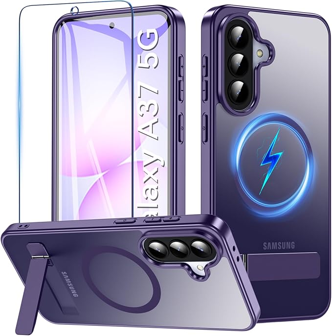 OWKEY for Samsung Galaxy A37 5G Case with Stand, Magnetic Shockproof Case Fit for Magsafe Translucent Matte Cover for Samsung A37, Purple