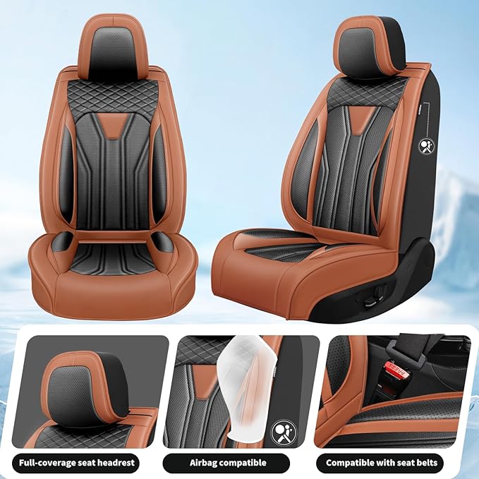 Fit Frontier Car Seat Covers Premium Leather for Nissan Frontier 2009-2025 2026. Waterproof， Breathable, Scratch-Resistant & All-Weather Seat Cushion Protector（Full Set,Brown&Black