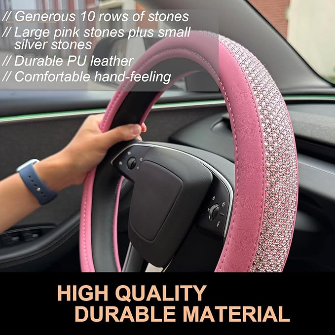 PINCTROT D Shaped Bling Comfy Steering Wheel Cover with Jumbo Crystal Rhinestones, Anti-Slip Diamond Leather, Flat Bottom 14.5-15 Inch (All Pink)
