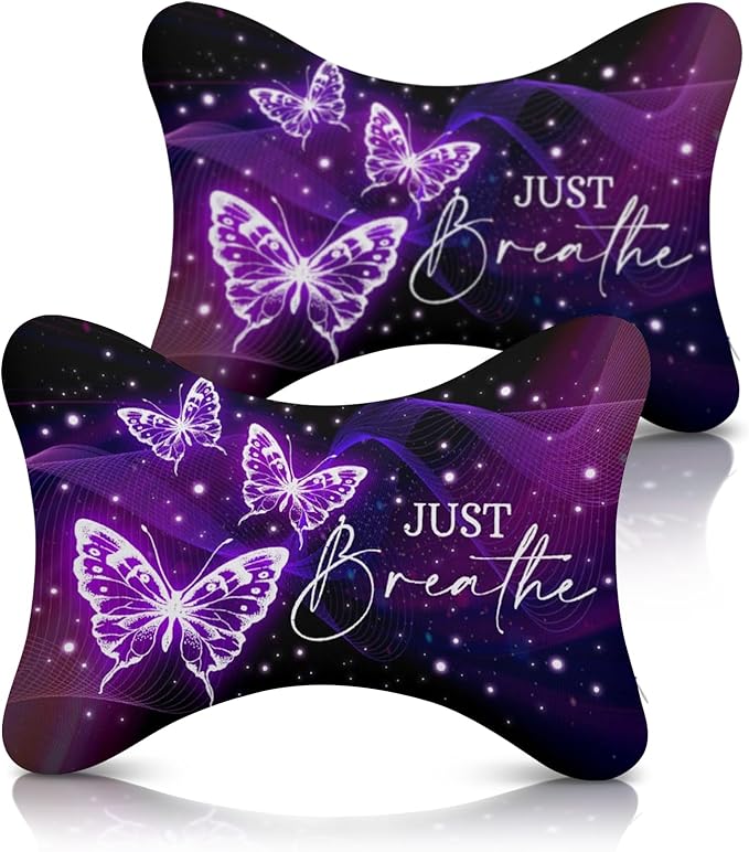 2 Pack Car Neck Pillow，Purple Butterfly Car Headrest Pillow，Ergonomic Design，Memory Foam Car Pillow，Breathable Removable Cover Universal Headrest Pillow for Travel Car Seat Driving & Home