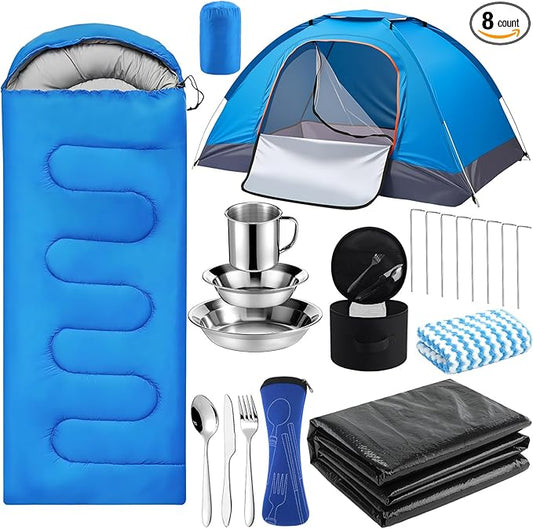 11 Pcs Camping Tent Set for Beginners, Complete Outdoor Travel Gear with Tent Sleeping Bag Stainless Steel Mess Kit Waterproof Tarp for Backpacking, Road Trips, Beach, & Backyard Adventure
