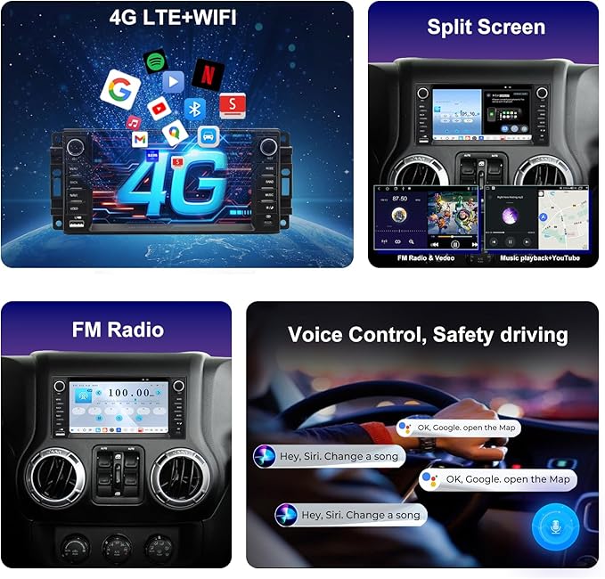 4G LTE QLED Radio for Jeep Wrangler 2007-2018 Chrysler Dodge Ram 1500,Touch Screen 8core Stereo Upgrade,Wireless carplay & Android Auto,Fast Charge,Free Backup Camera