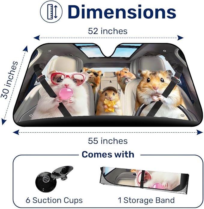 GENANY Cute Hamster Windshield Sun Shade for Car SUV Truck (55x30 Inches),Sun Shade Windshield, Shades for Front Windows, Xmas Auto Gift, Spring Car Decor