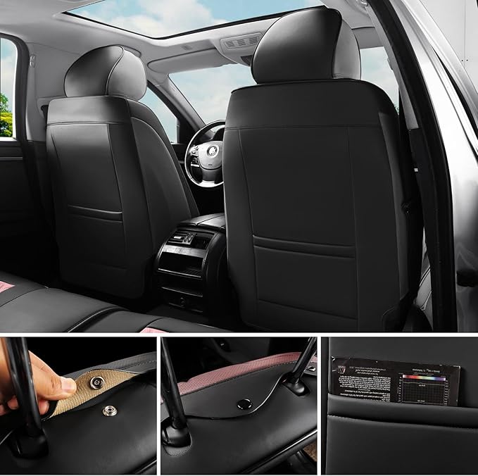 Car Seat Covers, Premium Leather Car Seat Covers, Waterproof and Breathable Seat Covers, Universal Car Seat Protector Fit for Cars, Trucks, SUVs, Pick-ups (Black & Pink, FullSet)