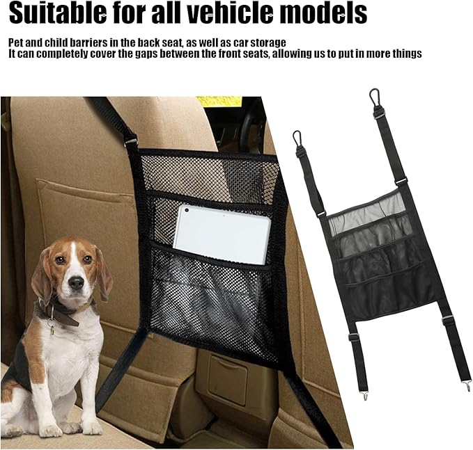 Pack-1 Car Seat Back Net Bag, Organizer Storage Between Front Seats, Barrier of Backseat Pet Kids, Net Car Handbag Holder Universal for Most Cars (Black)