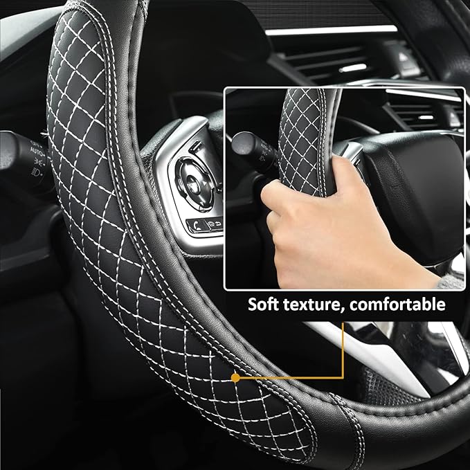 West Llama Customized Auto Car Steering Wheel Cover for Toyota Rav4 Corolla Camry Highlander (Diamond Quilted-Black+Gray-Standard Size)