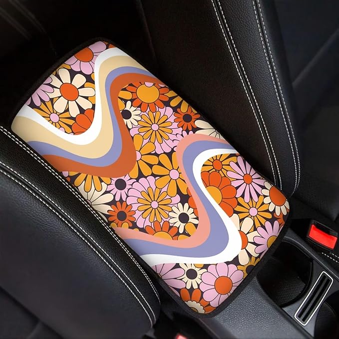 UNICEU Cute Daisy Flower Twirl Print Car Center Console Armrest Cushion Cover Auto Accessories for Women Neoprene Car Armrest Box Protector Pad