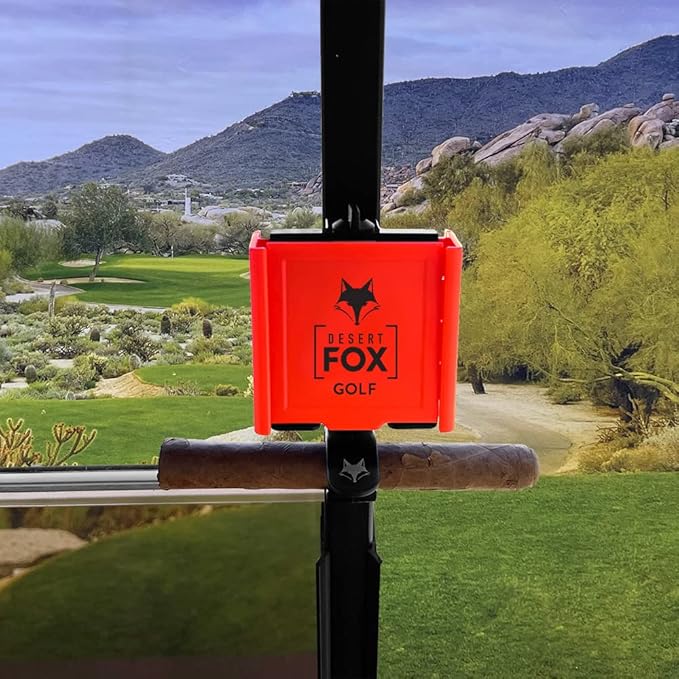 Desert Fox Golf Phone Caddy + Cigar Holder – Adjustable Golf Cart Phone Mount with Secure Cigar Clip – Hands-Free GPS & Golf App Access – Fits All Phones & Cigars (Red)