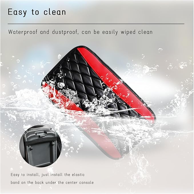 Car Center Console Cushion Pad, Universal Leather Waterproof Armrest Seat Box Cover, Comfortable Auto Armrest Cover Protector, Car Interior Decor Accessories for Most Vehicles (Black & Red)