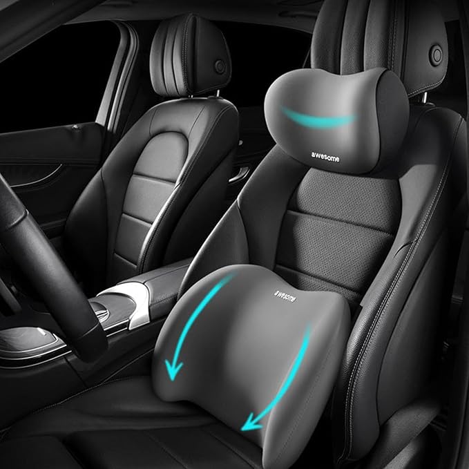 2025 Car Headrest & Lumbar Support Cushion, Car Lumbar Support Pillow and Neck Pillow Kit, Ergonomic Seat Headrest and Backseat for Neck Back Pain Relief (Gray)