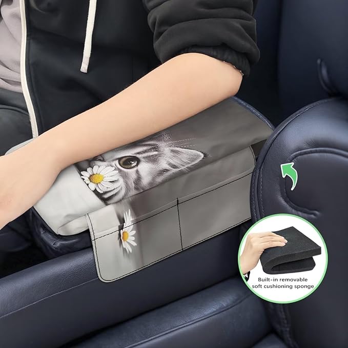Dreaweet Car Center Console Cover with Pockets Cute Cat Car Accessories for Women Easy to Install Arm Rest Cover for Car Soft Comfy Thick Car Armrest Cushion Storage Box Mat