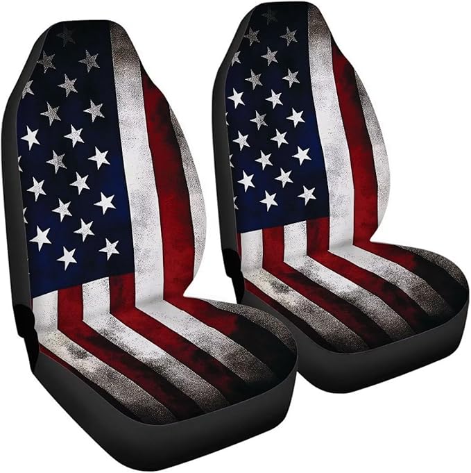 ELEQIN Vintage US Flag Print Car Seat Covers Two Front Only for Car, Automotive Interior Covers, Airbag Compatible, Quick Setup Universal Fit Seat Covers for Car, Truck, SUV