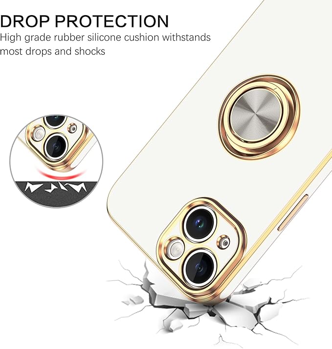 VENINGO iPhone 14 Case,Phone Cases for iPhone 14,Slim Fit Soft 360° Ring Holder Kickstand Magnetic Car Mount Supported Easy Clean Shockproof Protective Cover for Apple iPhone 14 6.1" 2022,White/Golden