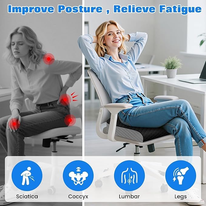 Seat Cushion for Office Chair, Memory Foam Chair Cushions, Car Seat Cushion for Long Sitting, Desk Chair Cushion for Pressure Relief, Non-Slip Bottom, Washable Cover, X-Large, Black