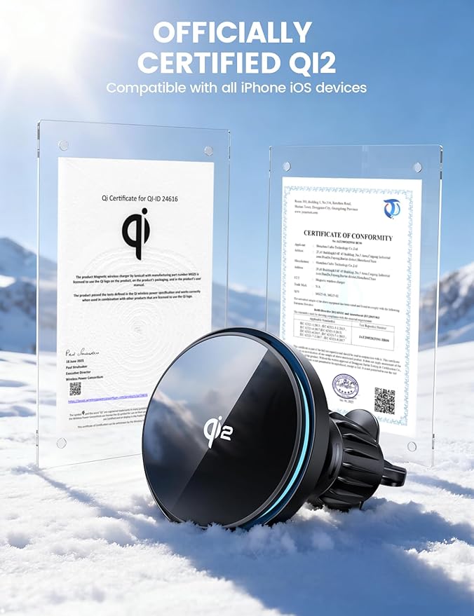 Lamicall 15W for QI2 Magsafe Car Mount Charger - 【RGB LED】360° Wireless Car Phone Holder Vent Dashboard, HandsFree Magnetic Phone Holder for Car Charging for iPhone 17 Air Pro Max Plus 16 15 14 13 12