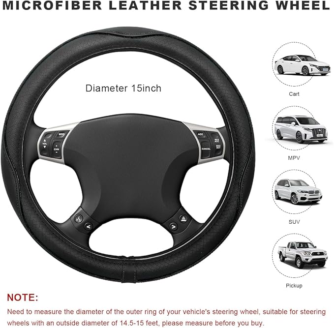 Car Steering Wheel Cover, 15 Inch Anti-Slip Breathable Leather Auto Steering Wheel Protector, Full Surround Soft Steering Wheel Cover for Men Women, Car Interior Accessories (Black)