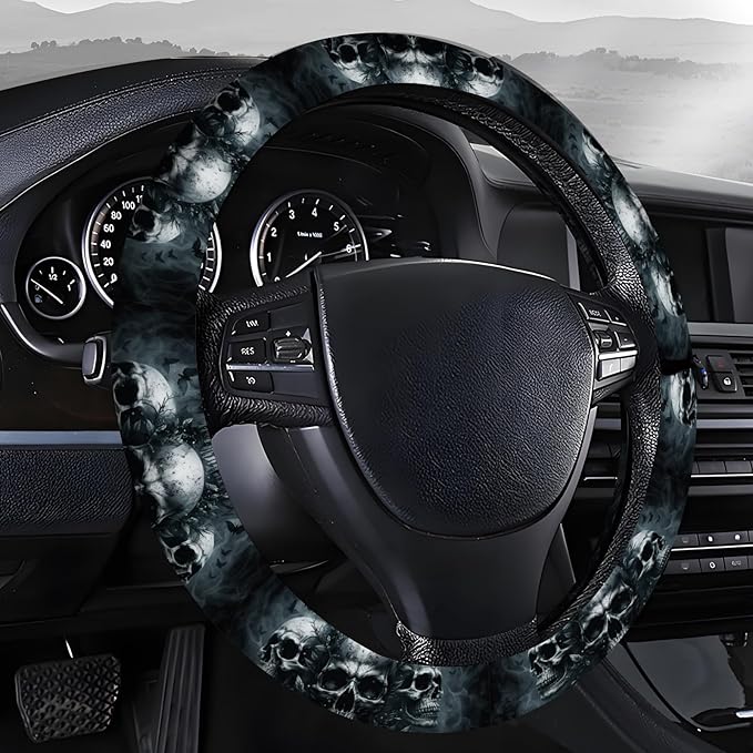 Steering Wheel Covers for Car, Truck, and SUV, Cute Non-Slip Breathable Elastic Steering Wheel, Car Accessories, Universal 15 Inch Leather Cover for Men Women Vantage Skull