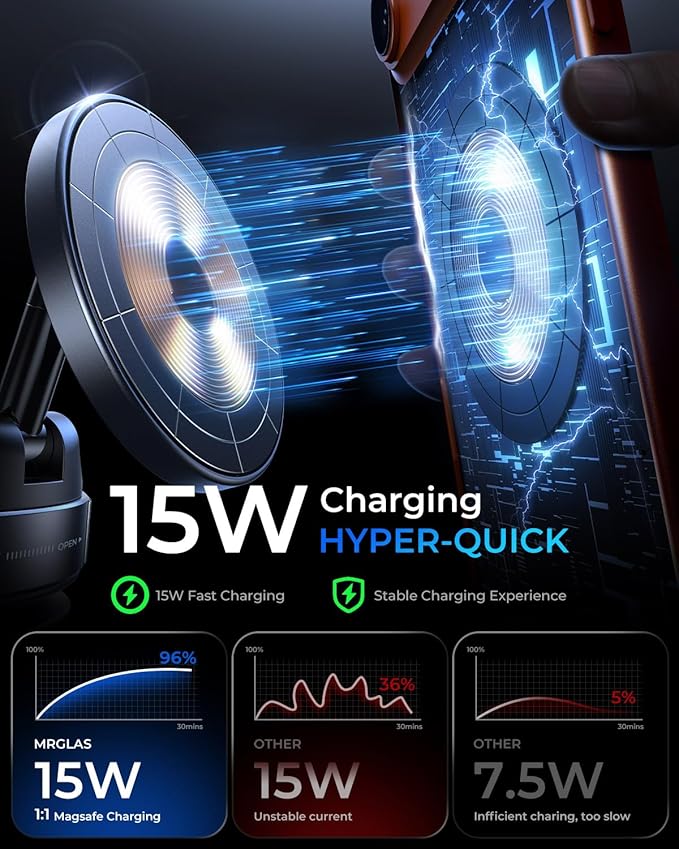 MRGLAS 2026 Upgraded for iPhone MagSafe Car Mount Charger,15W Fast Charging Wireless Car Charger with Stronger Magnetic & Suction, Hands-Free Phone Holder for iPhone 17/16/15/14/13/12 Pro Max