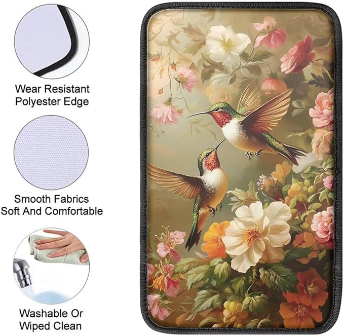 Dreaweet Car Center Console Cover Pad Hummingbird Flower Car Accessories for Women Softness Car Arm Rest Cushion Cover Universal Armrest Cover for Car SUV Sedan