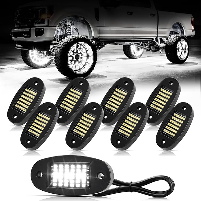 Hovano 8 Pods White Rock Lights 6000K Pure White 36 LEDs SMD Chips Super Bright Neon Underglow Light IP68 Waterproof for Pickup Trucks SUV UTV ATV RZR Car Boats (White)