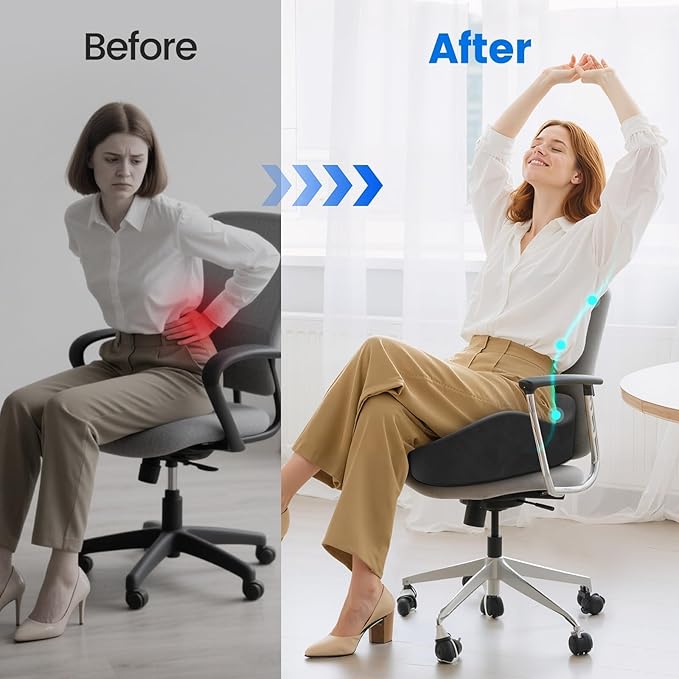 Seat Cushion with Carry Handle, Memory Foam for Tailbone/Sciatica Easing, Chair Cushions for Cars, Desks, Office Chair Cushion with Non-Slip Design, Ideal for Post-Surgery Recovery (Grey)