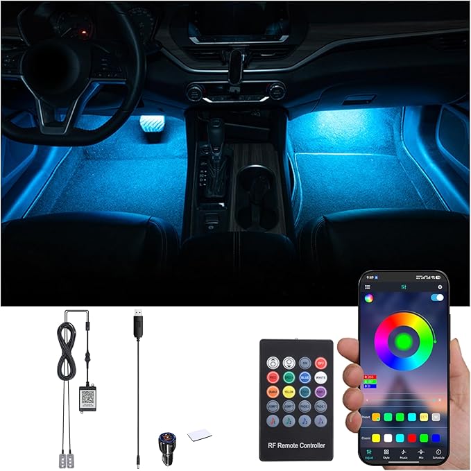 RGB Car Footwell Ambient Lighting Kit Car Charger + USB 16.7 Millions Colors Sound Active Music Sync APP Control + RF Remote Controller Car Interior Multicolored Footwell Atmosphere Light