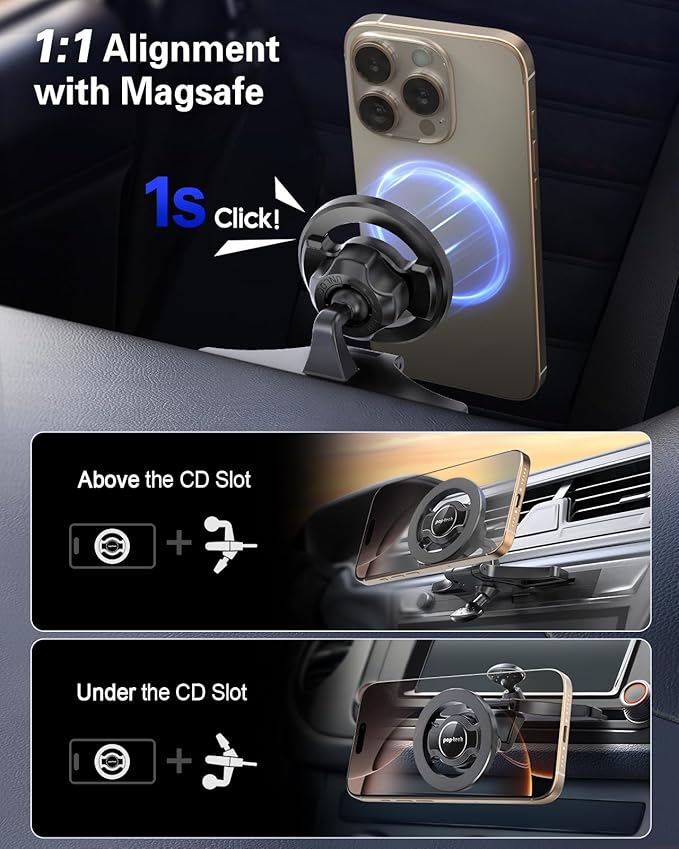 pop-tech for MagSafe CD Slot Car Phone Holder, [Built-in Steel Plate] Universal Magnetic CD Player Cell Phone Mount, Adjustable Magnet CD Cellphone Cradle Fit for iPhone All Smartphones
