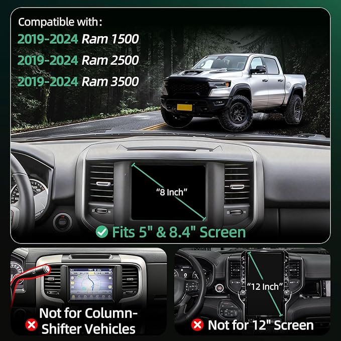 Phone Mount for Dodge Ram 1500/2500/3500 (2019-2024, 5" & 8.4"), 15W Wireless Charger, Magnetic Phone Holder, Dashboard Car Holder,360°,Hands-Free, 2022 Truck Driver Essentials(Not for Column Shifter)