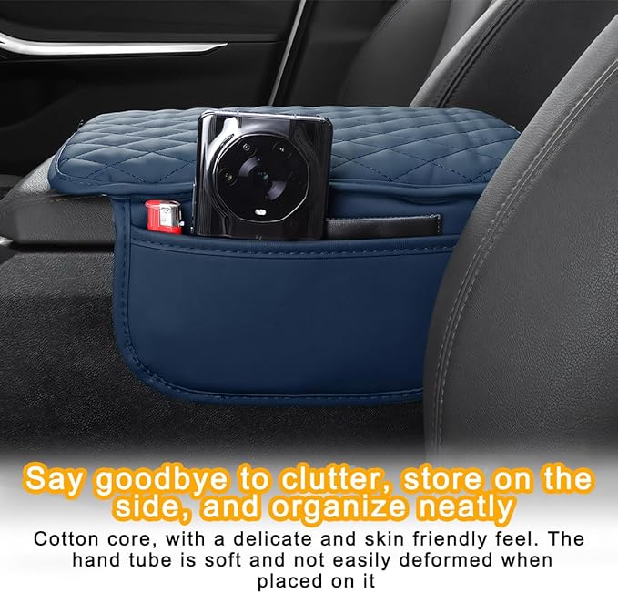 Mandark Car Center Console Cover, Microfiber Leather Vehicle Armrest Protector Cushion with 2 Storage Bags, Auto Interior Arm Rest Seat Box Pad Accessories, Universal for SUV, Sedan, Truck (Dark Blue)