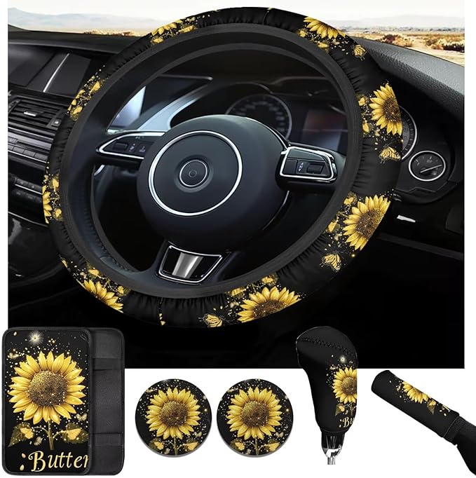 Butterfly & Sunflower Print Car Accessories for Women 6 Pcs Steering Wheel Cover Handbrake Gear Cover Cup Coaster Armrest Cover Auto Accessories for Men Women